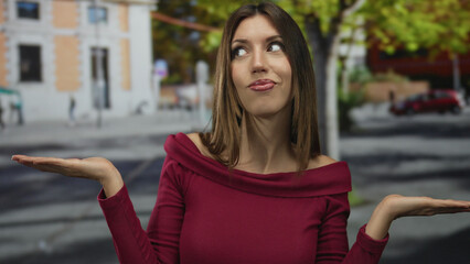 Hispanic woman in burgundy top with neutral expression raises palms in shrug gesture on city street; uncertainty.