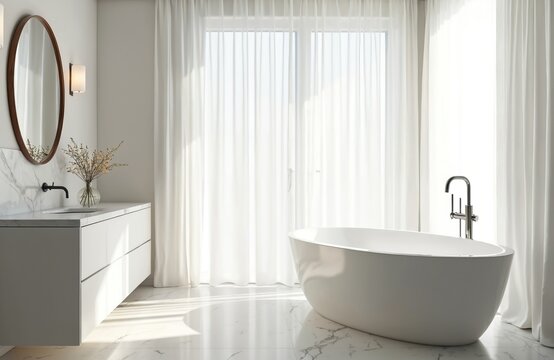 Minimalist white bathroom interior with large window natural light and bathtub. Modern home decor design featuring elegant basin mirror and marble floor. Simple luxury living space.