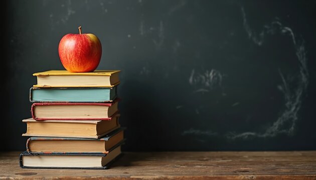 A red apple on a stack of old books on a vintage wooden desk. An empty classroom chalkboard background offers copy space. Back to school concept represents study, education, learning and knowledge.