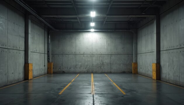 Empty industrial garage with concrete walls, asphalt floor. Bright lights illuminate spacious interior. Yellow safety posts mark parking spaces. Dark, raw, modern backdrop for various concepts.