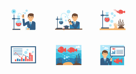 Fototapeta premium A set of illustrations showing a scientist conducting experiments, analyzing data, and an aquarium scene with fish.