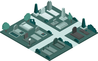 Isometric 3D illustration of a cemetery with tombstones, monument obelisk, gravestones, pathways, and peaceful memorial garden landscape