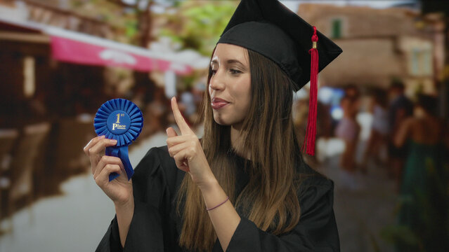 Young hispanic woman wearing graduation cap holds first place ribbon and points finger on street; success pride.