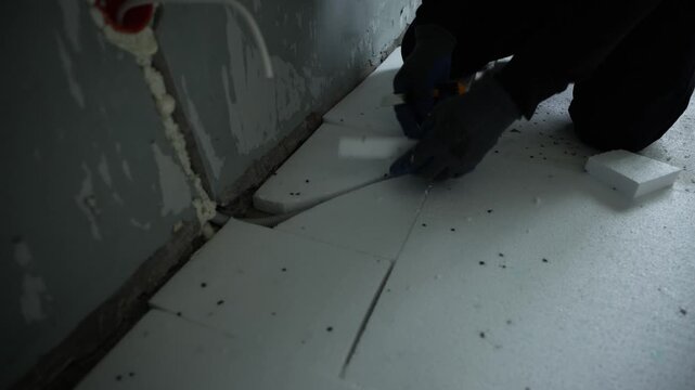 Gloved worker kneels and cuts white polystyrene boards, fitting pieces along wall with orange electrical box and corrugated conduit, low cool light, close close up view.