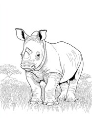 Fototapeta premium Line drawing of a rhinoceros calf standing in tall grass outdoors
