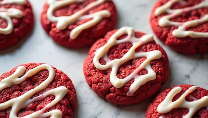 Soft red velvet cookies with white cream drizzle on marble surface. Round baked treats are chewy, delicious, and perfect for dessert or snack time.