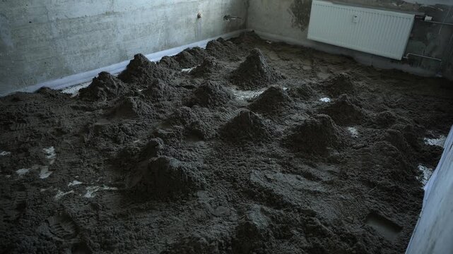 Conical sand mounds cover the floor as workers leave boot prints and square marks, showing leveling compound spread before screeding in low, cool light with muted tones.