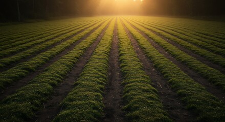 Field with Rows of Green Grass at Sunset
