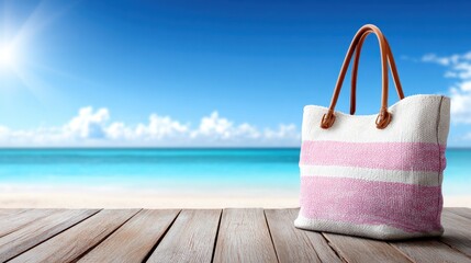 A pink and white striped beach bag with leather straps on a wooden deck with a clear blue sky and ocean in the background.