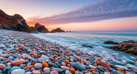 A picturesque pebble beach at sunset with colorful rocks and calm waters.
