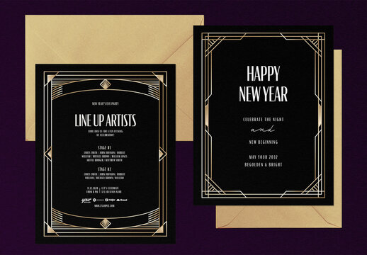 NYE New Years Eve Invitation Invite Flyer Poster Template with Retro Vintage Art Deco Frame in Luxury Black & Gold