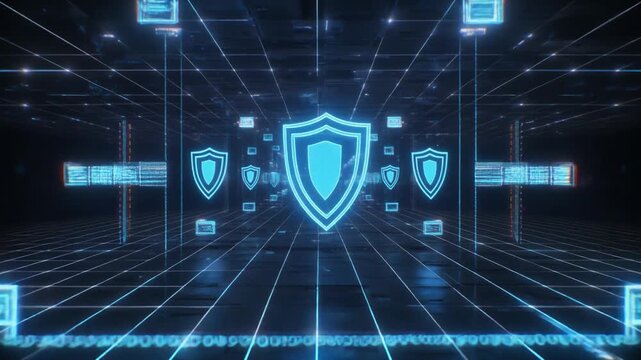 A seamless looping 3D animation of a high-tech cyber security network with glowing blue node