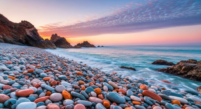 A picturesque pebble beach at sunset with colorful rocks and calm waters.