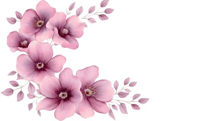 Fototapeta premium Watercolor illustration features delicate pink blossoms clustered in the lower left corner against a white background