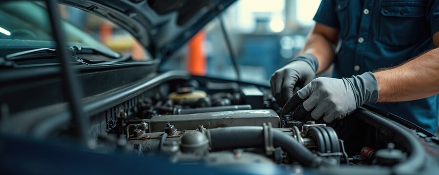 Car mechanic with gloves inspects automobile engine parts in modern workshop. Auto service worker performs repair, routine maintenance on vehicle motor. Professional technician fixes broken car. - Powered by Adobe