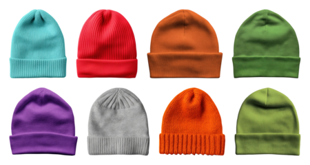 PNG Colorful knitted winter hats, element set on transparent background