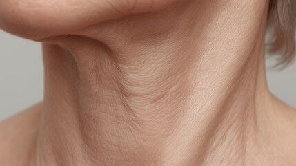 Fototapeta premium Mature neck skin with visible wrinkles, fine lines, and early irritation, showing natural aging texture and healthy tone in close up macro view