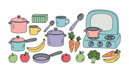 Culinary Assembly: A delightful illustration showcases an array of kitchen essentials alongside fresh produce, ready for a culinary adventure. 