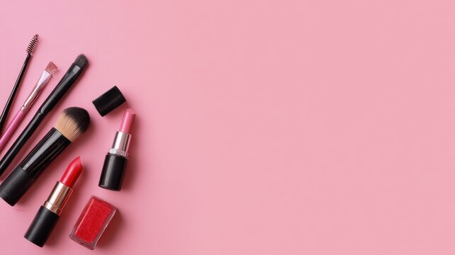 Various makeup products on a pink background.