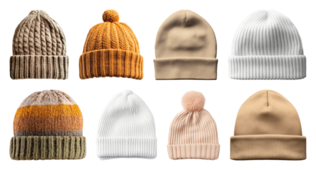PNG Stylish winter beanie collection, element set on transparent background
