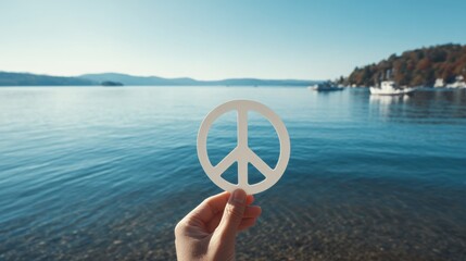A hand holding a white peace sign in front of a serene lake with boats and mountains in the background.