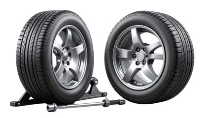 Two spare tyre with jack and wrench tool variations bundle isolated on transparent background