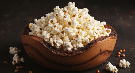Delicious popcorn in a wooden bowl, a classic snack for movie nights and gatherings, perfect for sharing with friends and family