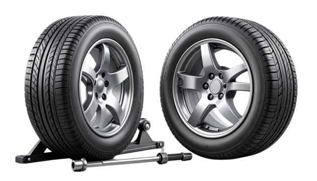 Two spare tyre with jack and wrench tool variations bundle isolated on transparent background