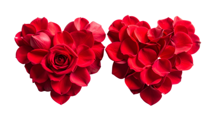 Two heart-shaped red rose petal designs bundle isolated on transparent background