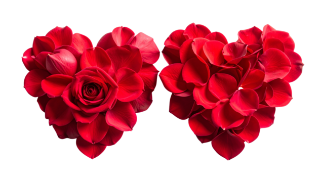 Two heart-shaped red rose petal designs bundle isolated on transparent background