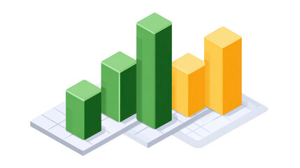 3D bar chart green and yellow columns isometric style data visualization business growth financial analysis modern infographic isolated on transparency background