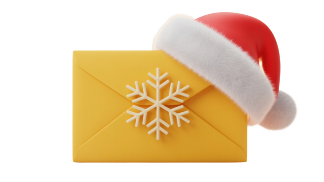 Festive yellow envelope adorned with a delicate snowflake and a santa hat isolated on transparent background