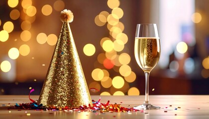 A single glass of champagne next to a shimmering gold party hat and colorful confetti, set against a backdrop of warm, glowing bokeh lights for a festive occasion