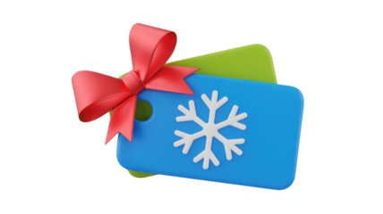 Festive blue and green gift tags with a white snowflake design tied with a red ribbon isolated on transparent background