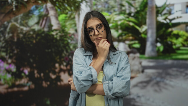 Woman with hand on chin and arms crossed in green park wearing glasses and denim shirt; contemplation.