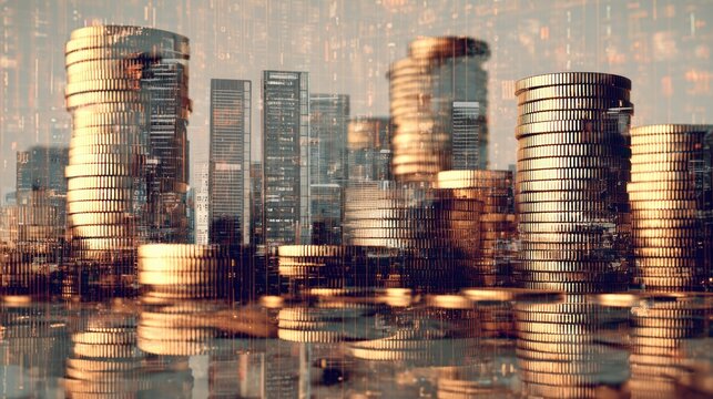 Golden coins and buildings in a cityscape with a digital overlay.