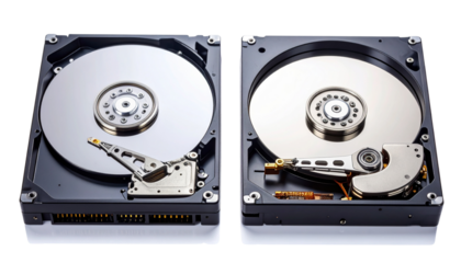 Two close-up hard disk drive component variations isolated on transparent background