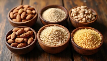Six rustic wooden bowls hold healthy nuts and grains. Almonds, white seeds, and yellow millet sit on a dark wood table. Good for vegan, plant-based meals, clean eating, mindful nutrition.