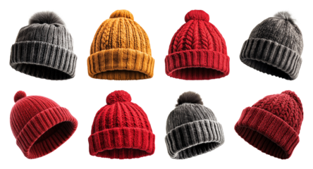 PNG Colorful knitted winter hats, element set on transparent background