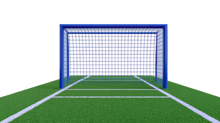 Fototapeta premium Soccer goal on green grass field with white lines, blue frame, and net, viewed from front, isolated on transparent background, perfect for sports design projects