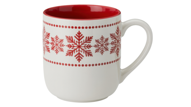 Festive white ceramic mug with red snowflake pattern and red interior isolated on transparent background