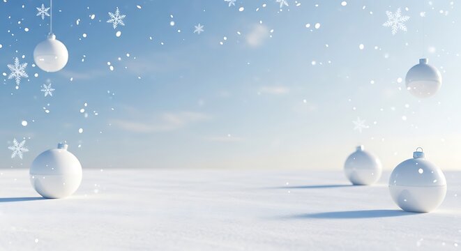 Abstract winter scene with white ornaments and falling snowflakes