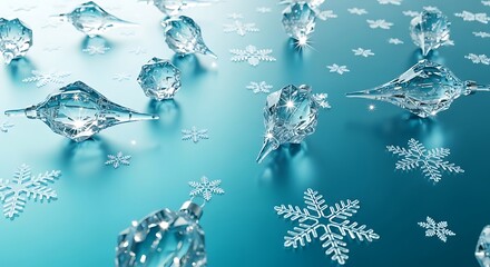 Sparkling ice crystals and snowflakes scattered on a cool blue background