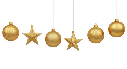 A row of gold Christmas ornaments hanging from white strings.