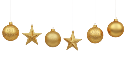 A row of gold Christmas ornaments hanging from white strings.