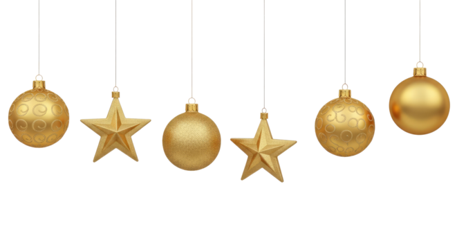 A row of gold Christmas ornaments hanging from white strings.