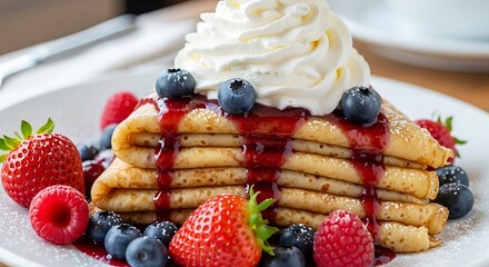 Delicious stack of golden pancakes with fresh berries and whipped cream.
