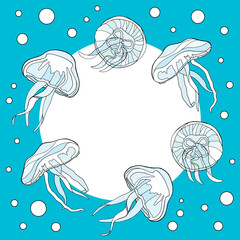 Six blue and white jellyfish arranged in a circle on a blue background with bubbles