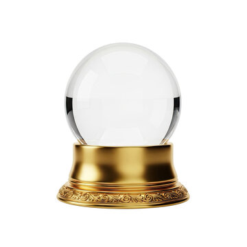 A clear, round, glass snow globe with a gold base, placed on a white background.