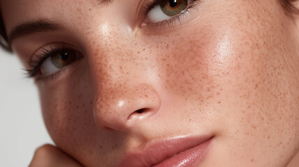 Obraz premium Close up of luminous skin with golden shine, natural freckles, smooth texture, and soft glow, highlighting healthy complexion and radiant beauty in serene expression